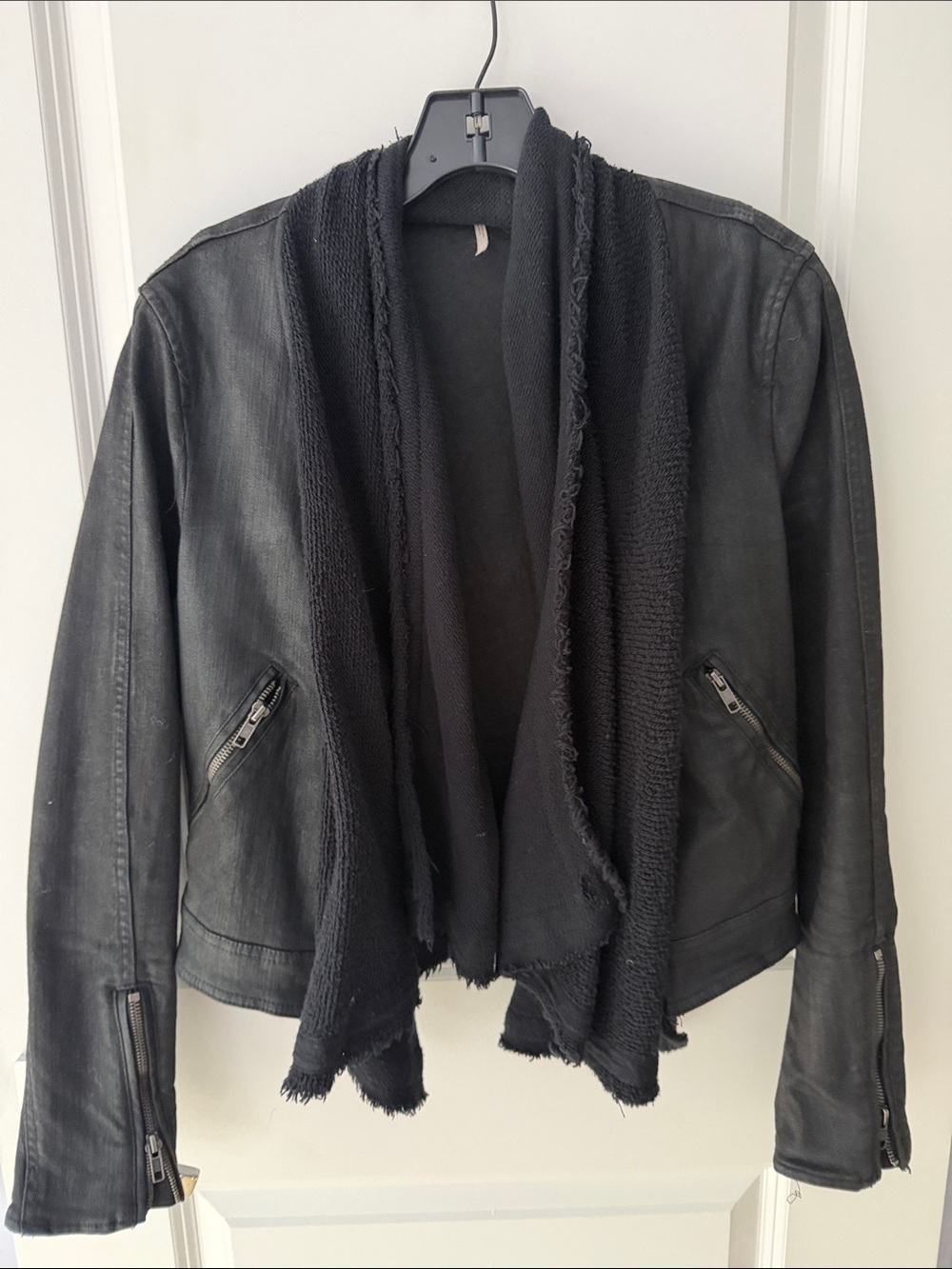 Free People Black coated Denim & Knit Draped Jacket